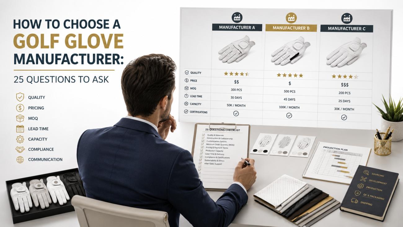 Golf glove manufacturer FAQ covering MOQ, materials, sizing, branding and shipping