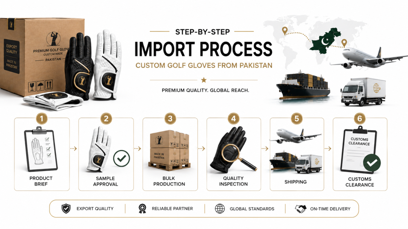 Step-by-step process for importing custom golf gloves from Pakistan, from product brief to customs clearance