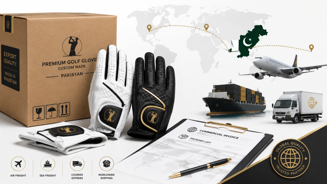 Custom golf gloves packed for export from Pakistan with air freight, sea freight and international shipping options