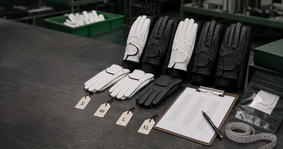 Wholesale golf gloves arranged by size for bulk order planning